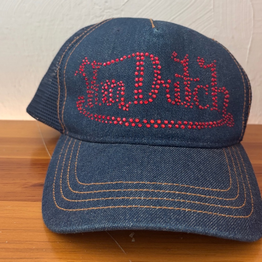 Von Dutch Denim Hat with Red Crystal Logos